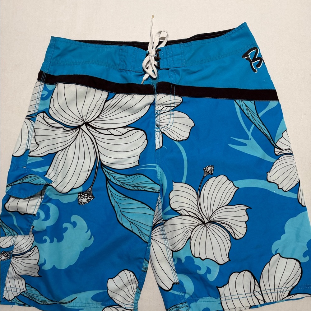 burnside swim trunks shorts, blue, flower aop, men's‎ size 36